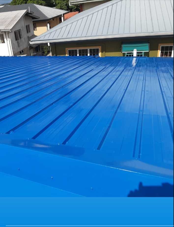 Second view of a blue-painted metal roof with surrounding residential buildings.