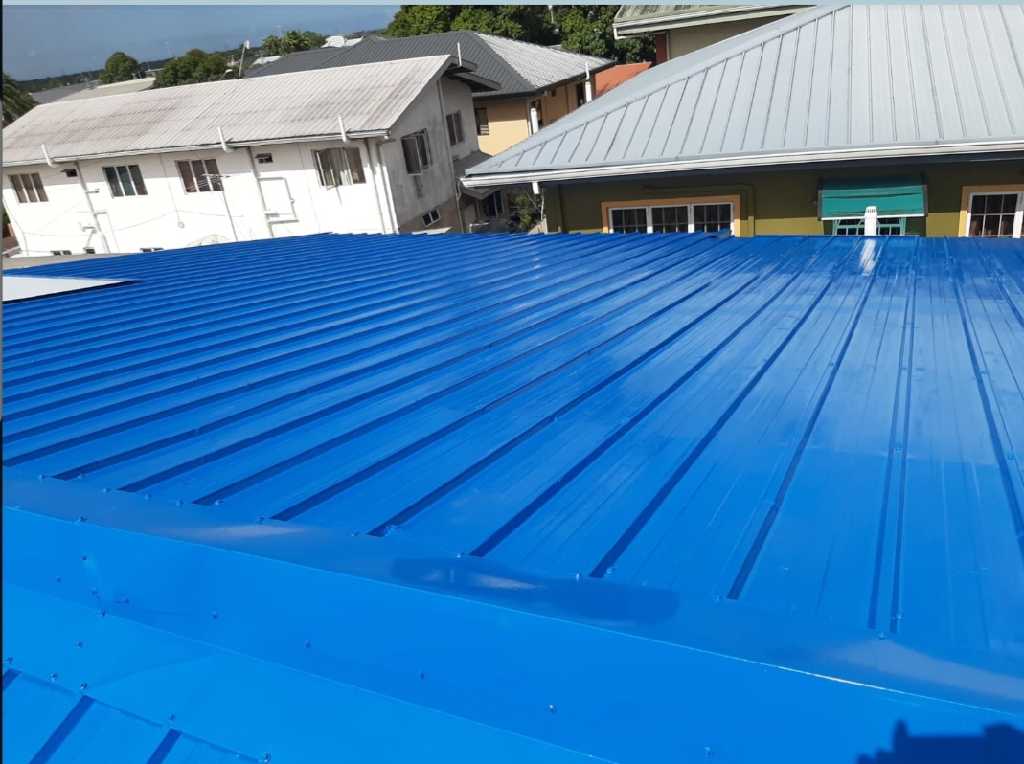 Wide view of a blue-painted metal roof with nearby residential buildings and trees.
